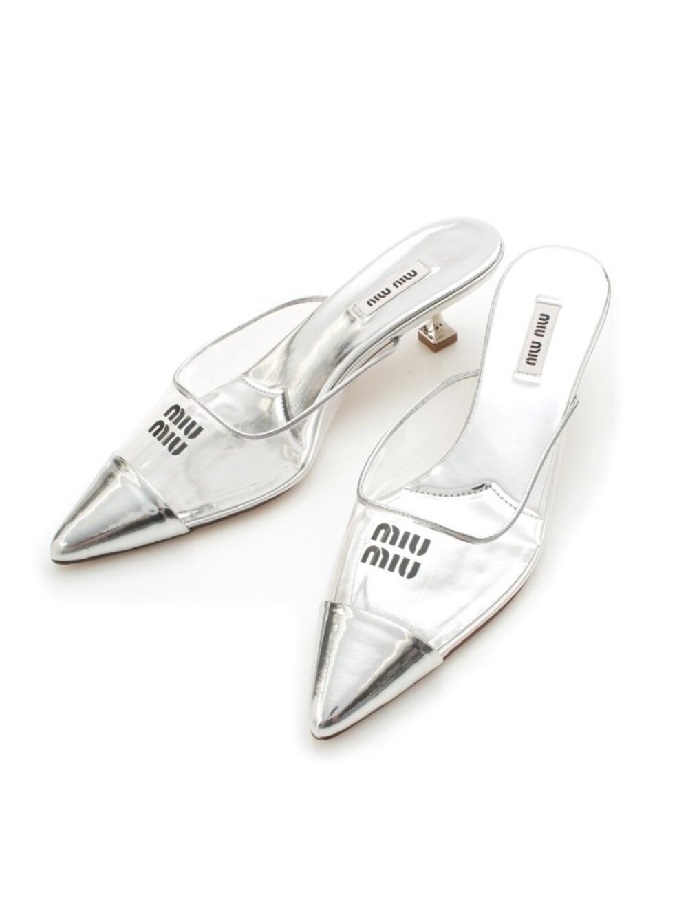 Miu Miu Plexiglass Mules Leather Clear Pointed Toe Metallic Silver